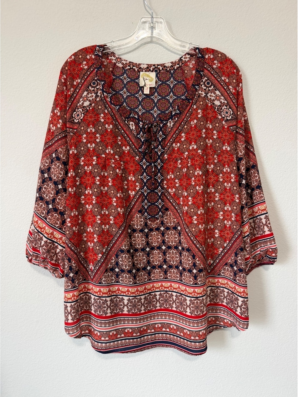 Fig & Floral 3/4 Sleeve Scoop Tie Neck Medallion Print Boho Tunic Blouse Size XL